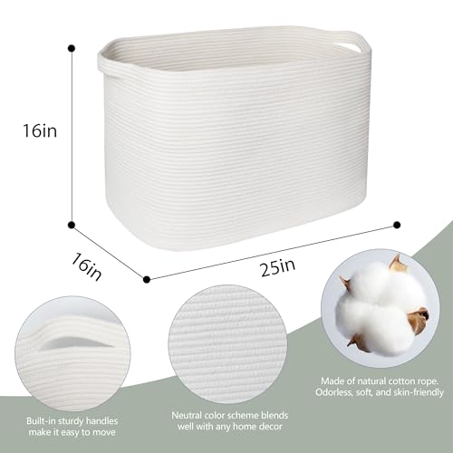 MEGASKET 108L Extra Large Storage Basket, 25" x 16" x 16" White Blanket Basket Living Room, Oversized Cotton Rope Blanket Storage, Woven Kids Dog Toy Bin Box Organizer, Laundry Shoes Towel Bin, White - color: White, size: 25"x16"x16"