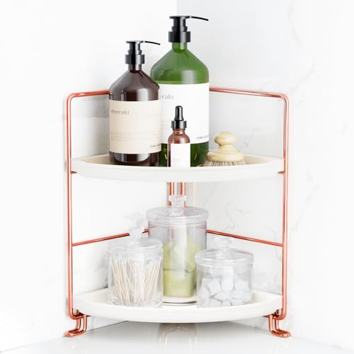 FSyueyun 2-Tier Corner Bathroom Counter Organizer, Tool-Less Installation Vanity Shelf Small Plastics Countertop Makeup Tray Skincare Perfume Organizers (Rose Gold) - color: Rose Gold