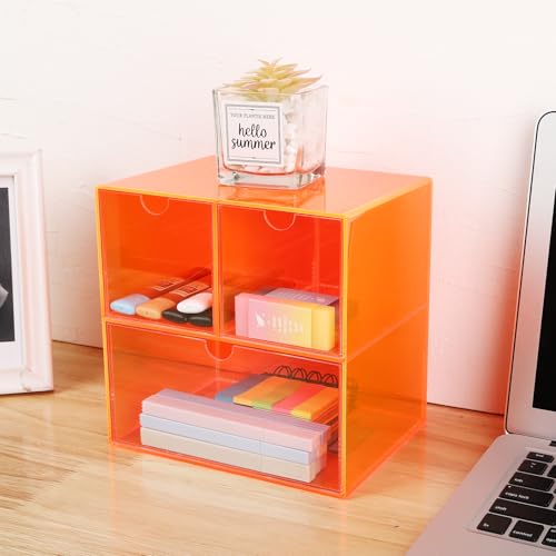 Gelite Desk Organizer with 3 Storage Drawers for Makeup Office Acrylic Desktop Drawer Organizer for Vanity Office Organization and Storage Box, Neon Orange - color: Neon Orange