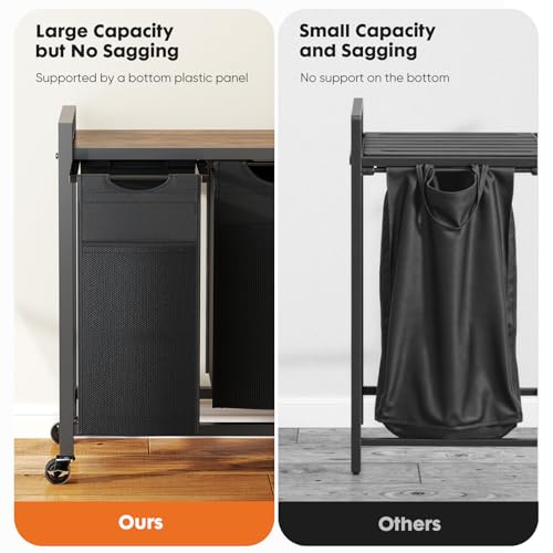 DUMOS Laundry Hamper with 2 Pull-Out Removable Sorter Bags, Movable Wheels, Freestanding Clothes Basket Organizer in Bathroom, 2 × 13.1Gal (99L) Capacity, Rustic Brown and Black - size: 26.2 Gal (99L)