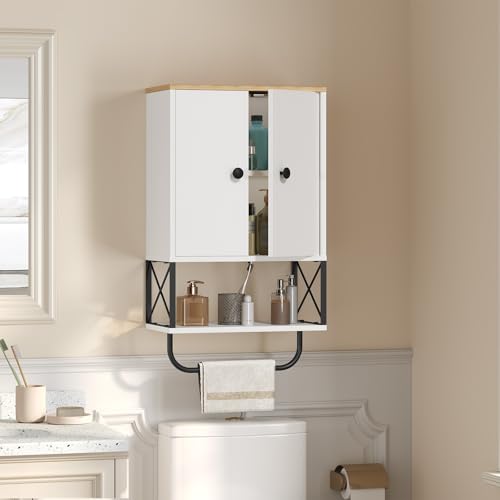 MAHANCRIS Bathroom Wall Cabinet with 2 Door and Adjustable Shelf, Medicine Cabinet with Towel Rack, 3-Tier Wall Mounted Storage Cabinet Over The Toilet for Bathroom Laundry Room, White and Natural - color: White and Natural, size: 15"L x 7.9"W x 26.1"H