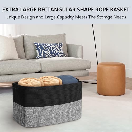 MEGASKET Extra Large Storage Baskets, 22" x 17" x 12" Black Baskets for Organizing, Rectangle Woven Basket for Blankets, Toys, Towels, Laundry, Decorative Wicker Storage Basket, Basket for Decor - color: Black & Black Stripe