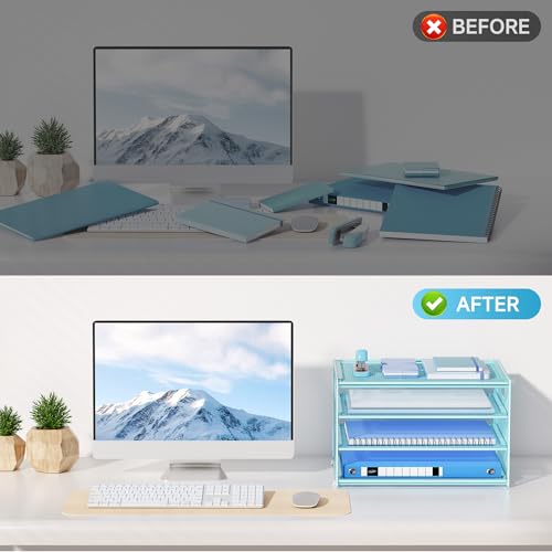 Lavatino 3-Tier Letter Tray Desk Organizer, Mesh Metal Paper File Tray Organizer for Desk, Office Supplies & Home Organization, Fits A4 Paper, Mail, Magazines & Office Accessories (Blue with Handle) - color: 4-tier With Handle - Blue