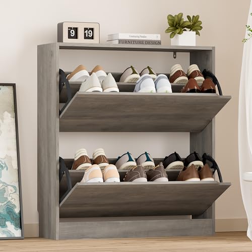 BORNOON Shoe Cabinet with 2 Flip Drawers, Slim Narrow Shoe Storage Cabinet, Freestanding Shoe Organizer with Adjustable & Removable Shelves, Top Display Shelf for Entryway, Hallway, Foyer, Closet - color: Grey, size: 2-Drawer