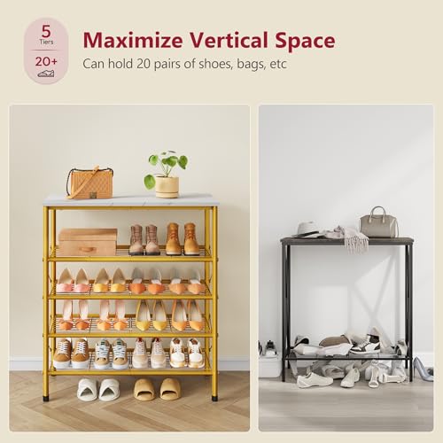 Tajsoon 5 Tier Shoe Rack Organizer for 16-20 Pairs of Shoes, Metal Mesh Shoe Shelf for Closet, Industrial Shoe Rack for Entryway Shoe Storage with X Shape Fixed Frame, White & Gold - color: White & Gold, size: 5-Tier