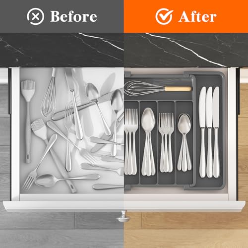 Lifewit Silverware Drawer Organizer, Expandable Utensil Tray for Kitchen, BPA Free Flatware and Cutlery Holder, Adjustable Plastic Storage for Spoons Forks Knives, 8.5-14 x 12", Dark Gray - color: Dark Gray, size: Medium (8.5-14''W x 12''D)