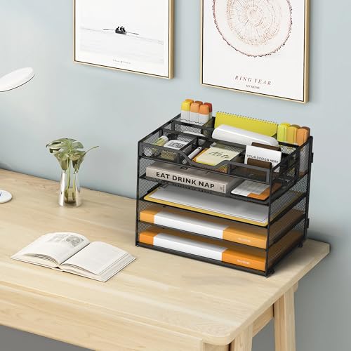 5 Tier Paper Letter Tray with 3 Drop-in Pen Holders, Mesh Desk File Organizer with Handle, Desk Organizers and Accessories for School,Home, Office Supplies Storage-Black - color: 5 Tier-Black, size: 12.5" x 9.1" x 10.3"