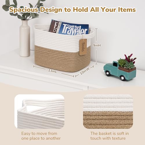 Goodpick Woven Storage Basket for Shelves, Medium Empty Gift Basket with Handles, Square Wicker Dog Toy Baskets, White and Jute Storage Bin, 13 x 10 x 9 Inches - color: Jute, size: 13.5"L x 11"W 9.5"H