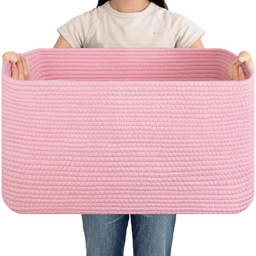 OIAHOMY 75L Blanket Basket, Woven Cotton Rope Basket for Organizing 22”x17”x12”, Used for Living Room, Bedroom, Nursery, Pink - color: Pink, size: 22”x17”x12”