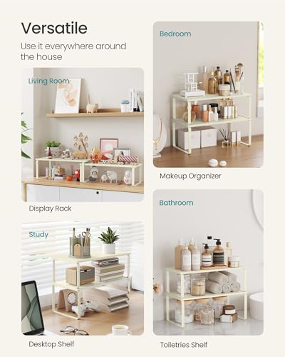 SONGMICS Cabinet Organizer Shelf, Set of 2 Kitchen Counter Shelves, Kitchen Storage, Spice Rack, Stackable, Expandable, Metal and Engineered Wood, Cream White UKCS200W02 - color: Cream White, size: 15.6"W