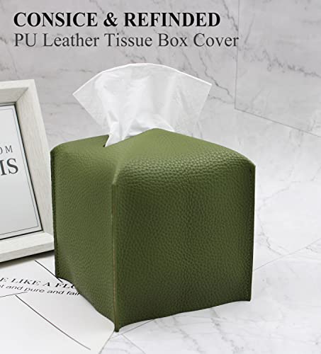 Livelab Tissue Box Cover, Square Decorative PU Leather Tissue Box Holder Modern Tissue Case Facial Paper Organizer Dispenser for Bathroom, Vanity Countertop, Night Stands, Desk 5X5X5'' | Olive Green - color: Olive Green