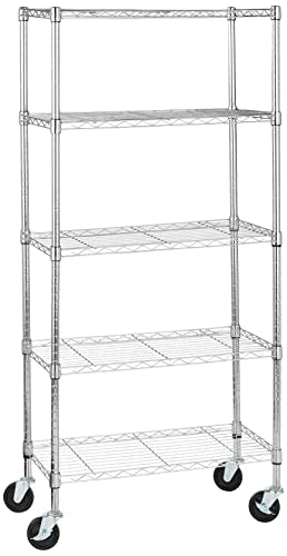 Amazon Basics 5-Shelf Adjustable, Heavy Duty Storage Shelving Unit on 4" Wheel Casters, Easy to Move Portable Wire Shelving, No Tools Needed for Easy Assembly, 30" x 14" x 64.8", Chrome - color: Chrome