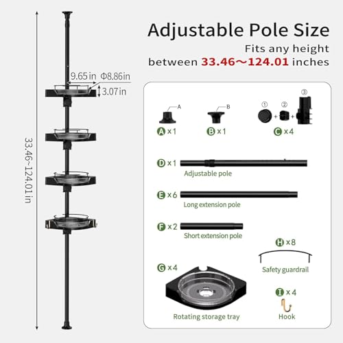 shuang qing 360° Rotating Corner Shower Caddy Tension Pole Organizer - 4-Tier Adjustable Rustproof Metal Pole, Plastic Shelves with Safety Guardrail, Bathroom Storage for Shower & Bathtub(Black) - color: Black, size: Rotation