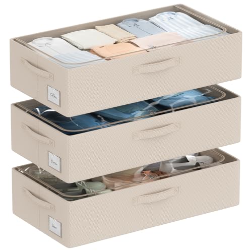 CYhom 3Pcs Under Bed Storage Bins with Metal Frame - Shoe Organizer for Closet with Clear Cover Oxford Fabric Sturdy Underbed Container Foldable Stackable Clothes Organizer (Beige, 23.5x11.8x6.3) - color: Beige, size: 23.5x11.8x6.3