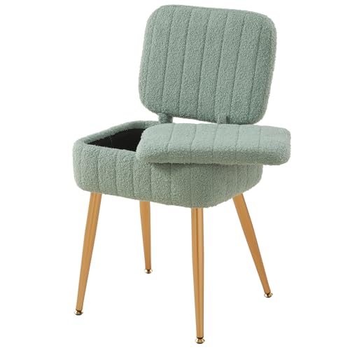 Updated Vanity Chair, Storage Ottoman with Folding Back & Gold-Toned Metal Legs, Ottoman Seat with Teddy Velvet for Dressing Room Living Room Bedroom, 16" x 12.5" Inch - color: Green, size: 16" x 12.5"