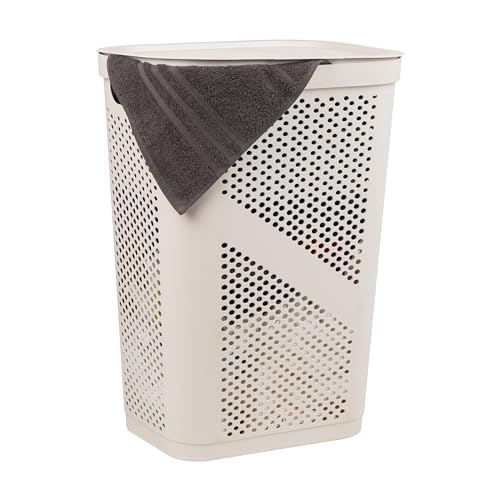 Mind Reader Slim Laundry Hamper with Lid, 60L Clothes Basket, Ventilated Plastic, Ivory - color: Ivory, size: Single