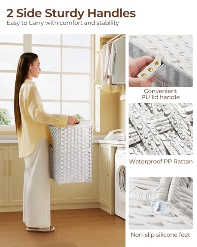 Greenstell Laundry Hamper with 2 Removable Liner Bags，90L Divided Clothes Hamper, Handwoven Synthetic Rattan Foldable Laundry Basket with Lid and Handles White (18.5 x 13.3 x 24.0Inches) - color: White, size: 90L (18.3x13.3x24.0 Inches)
