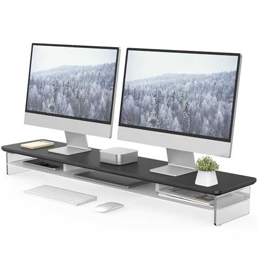 Fenge Acrylic Monitor Stand Riser, 42.5 Inches Dual Monitor Stand with Metal Storage, 2 Tier Acrylic Computer Riser for Desk, Clear Laptop Stand for PC, Laptop, Printer, TV, Black - color: Black, size: 42.5in