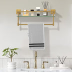 Bathroom Glass Shelf Brushed Gold Finish with Towel Rack, SUS304 Stainless Steel, 16-inch Tempered Glass Shelves for Wall - color: Brushed Gold, size: 16-inch with Railing