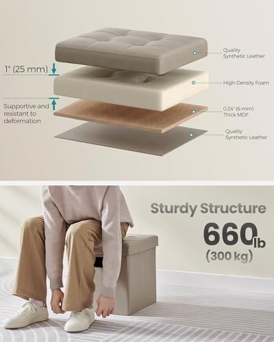 SONGMICS Mazie Collection - 15 Inches Ottoman with Storage, Footstool, Storage Ottoman with Metal Handles, Load 660 lb, for Dorm, Living Room, Bedroom, Synthetic Leather, Camel Brown ULSF030K03 - color: Camel Brown, size: 15"D x 15"W x 15"H