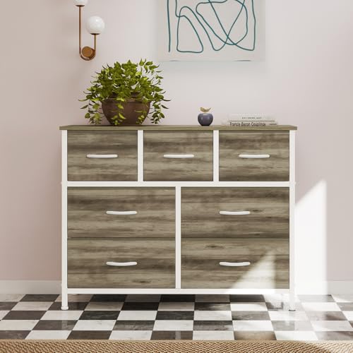 OLIXIS 7 Drawers Dresser for Bedroom, Fabric Storage Tower for Living Room, Entryway - Sturdy Steel Frame, Wooden Top and Easy Pull Fabric Bins, Closet Chests Organizer for Clothes,Oak Greige - color: Oak Greige, size: 11.8"D x 39.4"W x 30"H (7 Drawers)