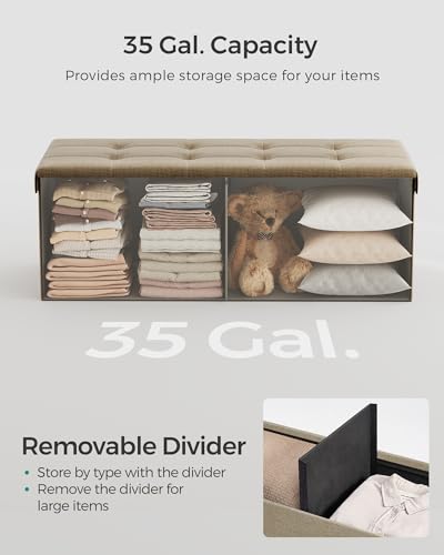 SONGMICS MAZIE Collection - 43 Inches Folding Storage Ottoman Bench, Ottoman Foot Rest, End of Bed Bench, Storage Chest, Load 660 lb, for Living Room, Bedroom, Entryway, Camel Brown ULSF077R01 - color: Camel Brown, size: 15"D x 43"W x 15"H