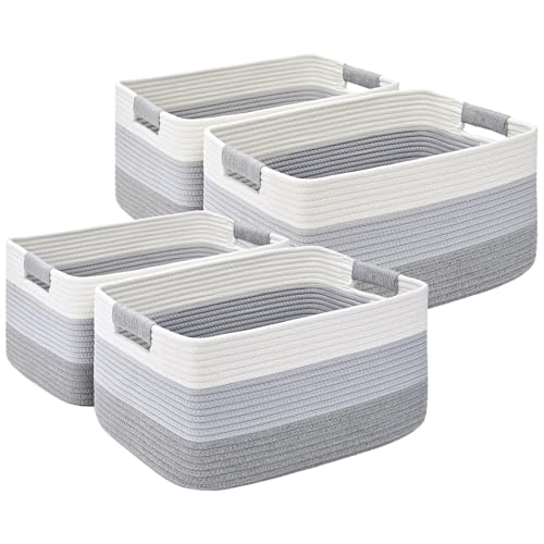4 Pack Large Storage Basket for Organizing, 17.5"x13"x7" Woven Basket for Shelves, Closet Cube Storage Bins with Wrapped Handle, Cotton Rope Baskets for Kitchen, Clothes, Toys(Gradient Grey) - color: Gradient Grey, size: 4 Pack