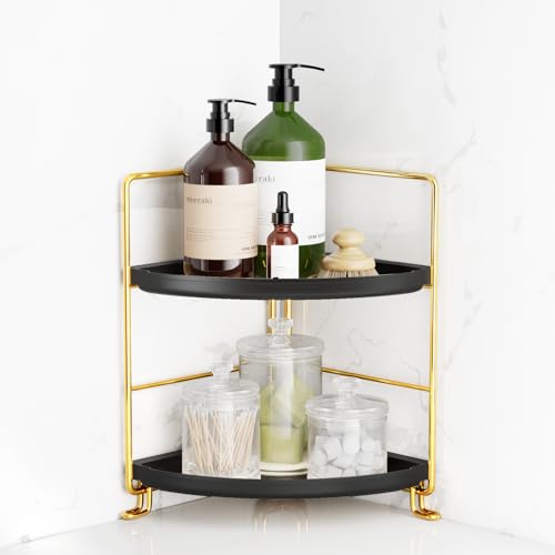 FSyueyun 2-Tier Corner Bathroom Counter Organizer, Tool-Less Installation Vanity Shelf Small Plastics Countertop Makeup Tray Skincare Perfume Organizers (Gold & Black) - color: Gold & Black