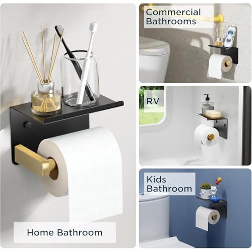 FORIOUS Toilet Paper Holder with Shelf, Adhesive or Screw Wall Mount Toilet Paper Roll Holder for Bathroom, Rustproof 304 Tissue Dispenser with Phone Shelf (1, Matte Black & Brushed Gold) - color: Matte Black & Brushed Gold