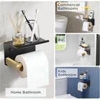 FORIOUS Toilet Paper Holder with Shelf, Adhesive or Screw Wall Mount Toilet Paper Roll Holder for Bathroom, Rustproof 304 Tissue Dispenser with Phone Shelf (1, Matte Black & Brushed Gold) - color: Matte Black & Brushed Gold