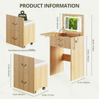 FURSUN 3-in-1 Vanity with Flip Mirror & Lights, Fluted Compact Vanity Table with 3 Drawers, Storage Compartment and Rolling Stool, Modern Small Makeup Vanity for Bedroom, Powder Room, Natural Oak - size: 15.7"D x 18.2"W x 46.9"H, style: Natural Oak