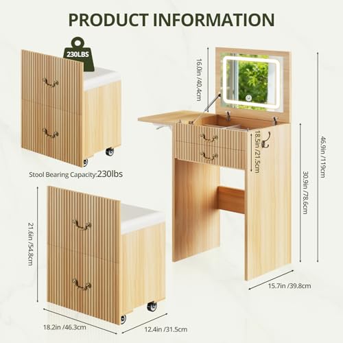 FURSUN 3-in-1 Vanity with Flip Mirror & Lights, Fluted Compact Vanity Table with 3 Drawers, Storage Compartment and Rolling Stool, Modern Small Makeup Vanity for Bedroom, Powder Room, Natural Oak - size: 15.7"D x 18.2"W x 46.9"H, style: Natural Oak