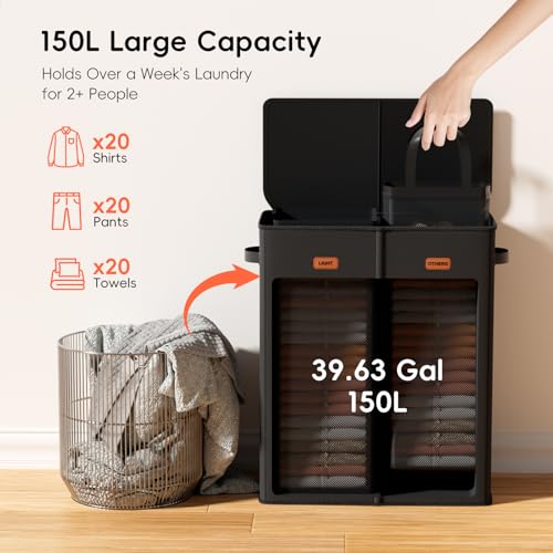 150L Double Laundry Hamper With Lid, Large Clothes Hampers with Removable Bag, Laundry Hamper 2 Section for Bathroom, Bedroom, Laundry Room, Dorm, Black - color: Black, size: 150L - 2 Section