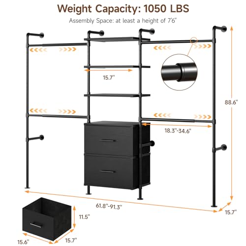 ONBRILL T2 Wall Mounted Industrial Pipe Clothing Rack, Closet Organizers and Storage System with 2 Drawers, 6 Wooden Shelves & 4 Expandable Rods, Heavy Duty Garment Rack, Wardrobe (Black)) - color: Black