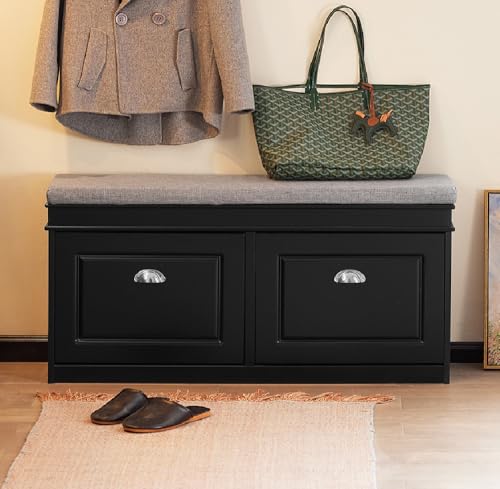 SoBuy Black Storage Shoe Bench with 2 Flip Drawers, Hidden Shoe Bench, Free Standing Shoe Rack, Shoe Cabinet, Hallway Storage Bench with Seat Cushion FSR64-SCH - color: Black, size: 2 Drawers (Long)