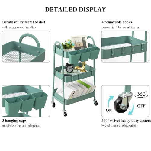 danpinera 3-Tier Rolling Cart, Utility Cart Mobile Metal Rolling Storage Cart with Lockable Wheels & Hanging Cups & Hooks for Kitchen, Bathroom, Office, Workshop, Green - color: Green, size: Normal (3 tier)