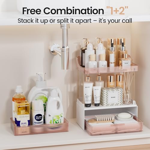 Delamu Bathroom Organizers and Storage, 2 Tier 2 Drawer Makeup Organizer Countertop, Easy to Install, Ideal for Bathroom Counter, Vanity, Ideal for Women Girls, Grapefruit - color: Grapefruit, size: 2Drawers 1 Pack