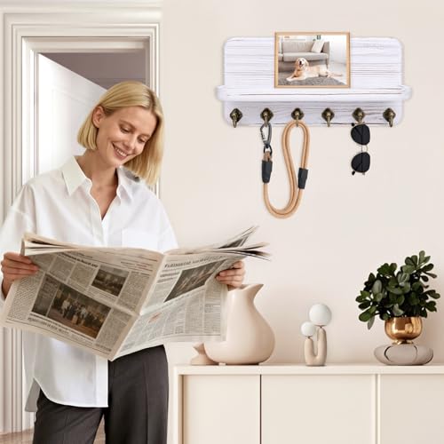 Key Holder for Wall, Mail Organizer Wall Mount with 6 Hooks Wooden Hanging Key Rack for Home Decor, Hallway, Entryway (Vintage White) - color: Vintage White