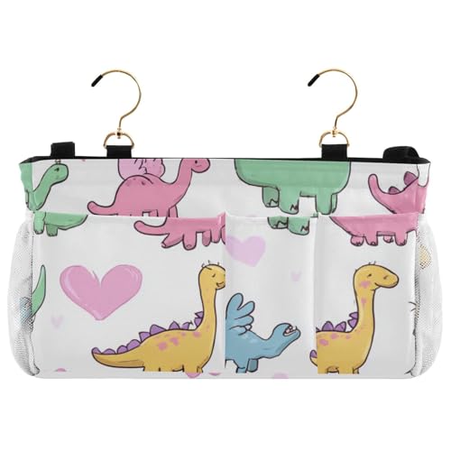 Bedside Caddy Metal Frame Hanging Organizer Bunk Bed Dorm Accessories Hook And Loop Storage Bag Large Pockets Cute Dinosaurs and Hearts - color: Cute Dinosaurs and Hearts