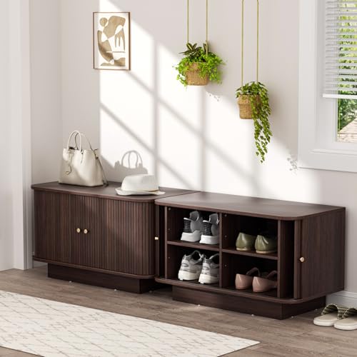 63" W Small Shoe Storage Bench, Shoe Bench Entryway with Sliding Doors and Adjustable Shelvs, Wooden Low Cabinet for Hallway, Living Room, Bedroom, Apartment, Dorm, Mudroom, Garage, Walnut, 2PCS - color: Walnut, size: 31 W * 2