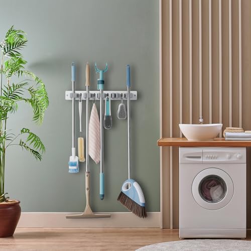 OUTNILI Mop and Broom Holder Wall Mount - White Broom Mop Hanger - Wall Mounted Garden Tool Rack Organizer for Closet Garage Laundry Room Kitchen Decor With 5 Slots & 4 Hooks - color: White-5 Grips, size: 1 Pack