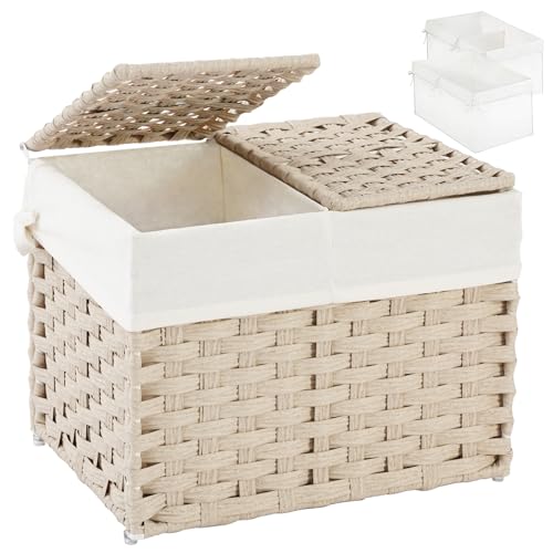 SETVSON Storage Basket with Lid Woven Wicker Baskets with 2 Separate Lid, 9.2 Gallon (35 L) Wicker Storage Bins with Handles, Foldable and 2 Removable Liner Bags for Bedroom, Laundry Room Light Khaki - color: Light Khaki, size: 35L-15.7L*11.8W*11.8H