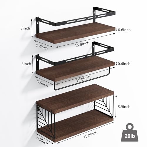 Fixwal 3+1 Tier Wall Mounted Bathroom Shelves Over Toilet, Rustic Wood Floating Shelves with Metal Frame and Towel Bar for Bathroom, Kitchen, Bedroom, Living Room (Dark Brown) - color: 6-dark Brown