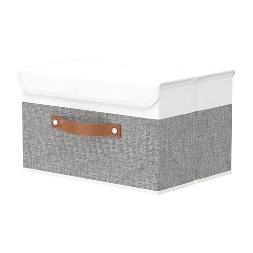 OUTBROS Large Foldable Storage Bins, Linen Fabric Box with Lid, Organiser for Shelves, Cubes For Towels, Clothes, 13 x 9.1 x 7.9 inch (White/Grey, 1-Pack) - color: White/Grey, size: 13x9.1x7.9in(1-pack)