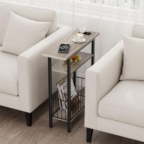 Vagusicc Narrow Side Table with Charging Station, Skinny Side End Table for Couch, 3-Tier Small End Tables for Small Spaces, 25.2" Tall Slim Nightstand Bedside Table for Living Room, Bedroom, Greige - color: Greige, style: With Plug