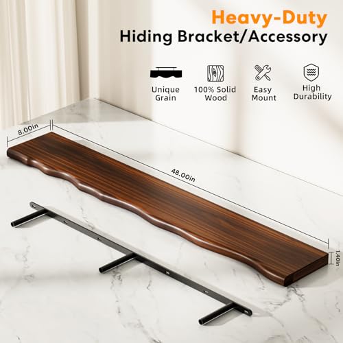 Floating Shelves for Wall Rustic Farmhouse 48 Inch Floating Shelf Bathroom Wooden Shelves for Wall Mounted Live Edge Pine Shelf with Unique Natural Grain for Living Room Bedroom Kitchen (Walnut) - color: Walnut, size: 48 inch - 1pc
