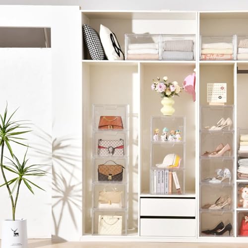 Freebat Stackable Storage Bins, Clear Acrylic Display Case, 9-Pack Acrylic Boxes with Lids, Clear Storage Containers Storage for Handbags, Collectibles & Figures - size: 9pack