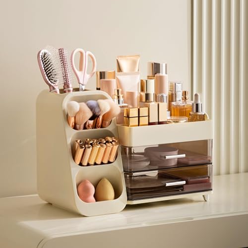 HBlife Makeup Organizer with Brush Holder for Vanity, Large Plastic Bathroom Countertop Organizer Skin Care Storage, Easy to Store Lipsticks, Nail Polishes, Perfumes, Eyeshadow Palettes, Beige - color: Beige, size: Large