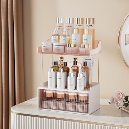 Delamu Bathroom Organizers and Storage, 2 Tier 2 Drawer Makeup Organizer Countertop, Easy to Install, Ideal for Bathroom Counter, Vanity, Ideal for Women Girls, Grapefruit - color: Grapefruit, size: 2Drawers 1 Pack