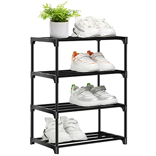 Stackable Small Shoe Rack for Closet 4 Tier, Sturdy Shoe Rack Organizer for Front Door Entrance and Entryway, Free Standing Metal Shoe Shelf Storage for Closet Bedroom Garage Black - size: 4 Tier